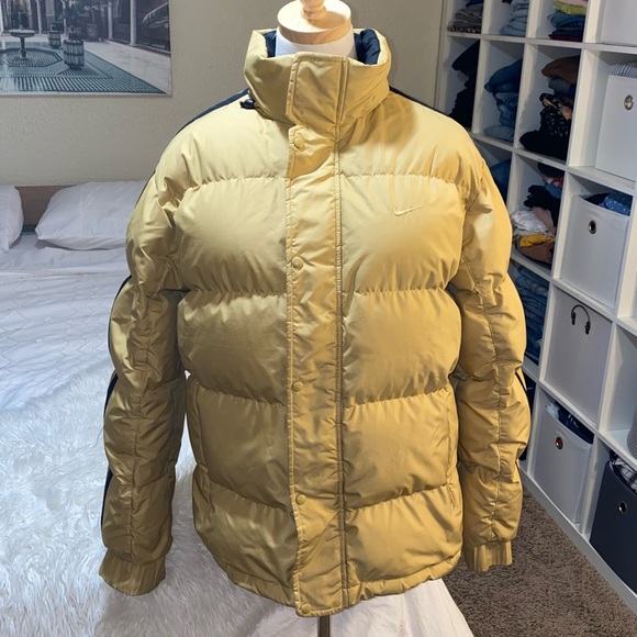 Nike | Rare Vintage Down Puffer Jacket Full Zip Hooded Muted Yellow Black Stripe - Picture 4 of 16